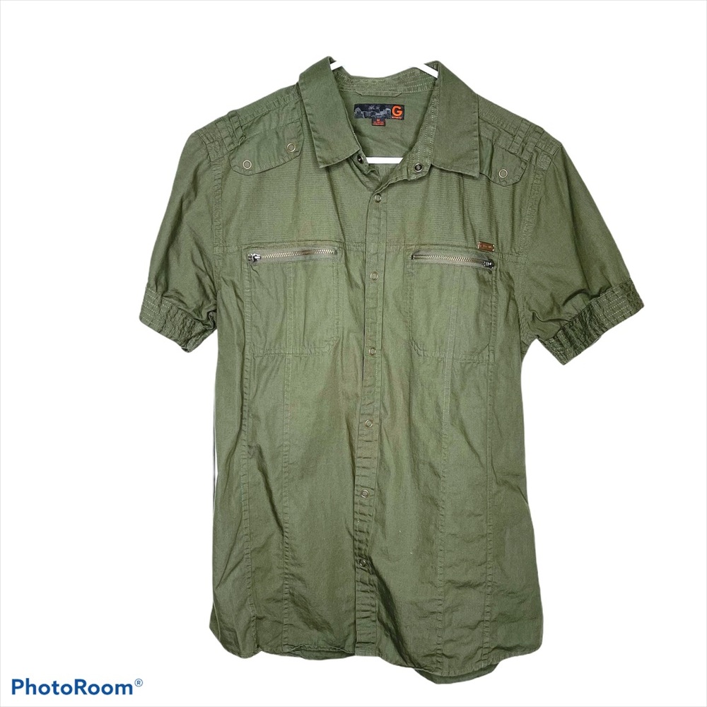 Guess Army Green Button Up Collared Top Medium